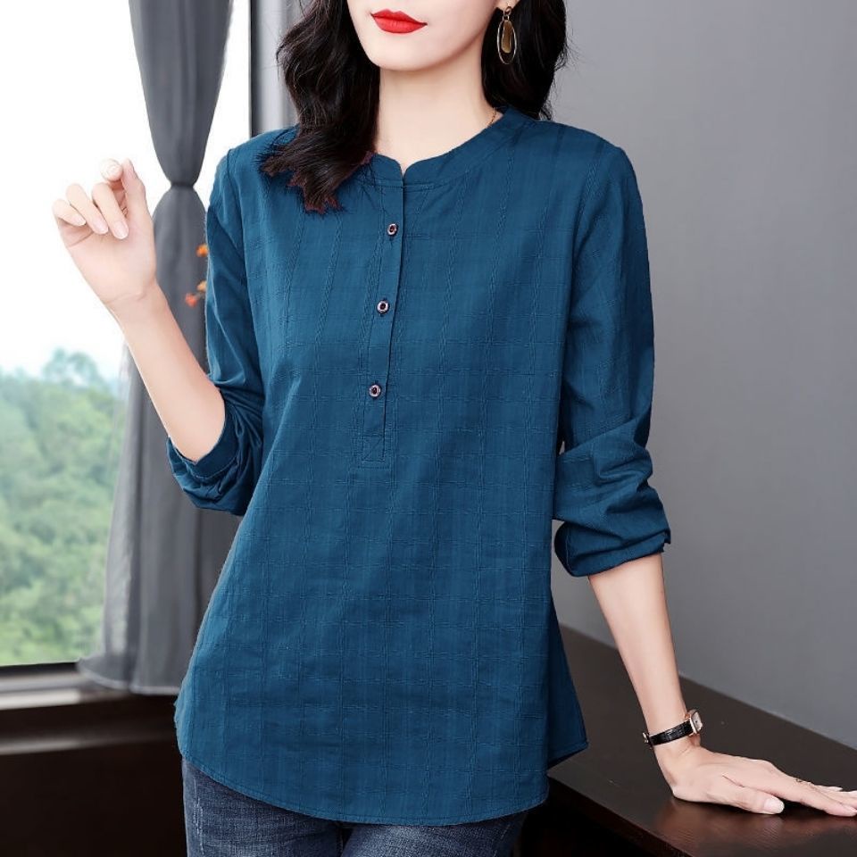 Cotton Plus Size Blouse Women's Mid-length Long-sleeved Blouse Tops ...