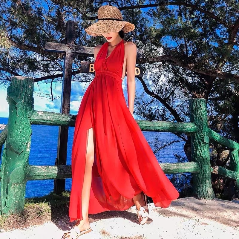 Bali seaside holiday beach dress 2021 new slim backless suspender dress red split long skirt fairy Shopee Malaysia