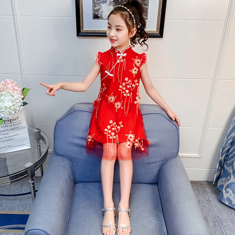 Red Woven Floral Kids Girls Qipao / Cheongsam Winter Dress - CozyLadyWear