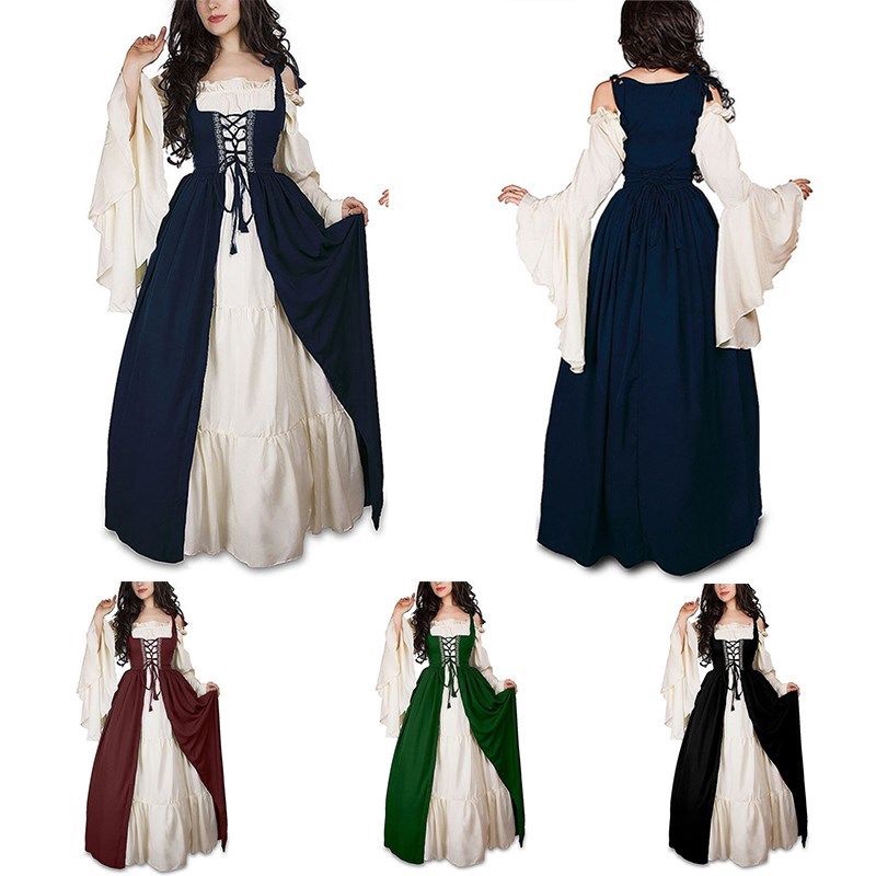 Womens Vintage Renaissance Medieval Long Sleeve Gothic Dress Halloween Floor Length Cosplay 9863