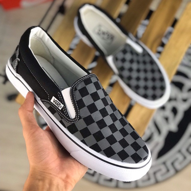 Gray checkerboard slip on hot sale vans