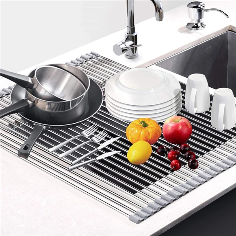 Kitchen Stainless Steel Over the Sink Dish Drying Rack / Foldable Roll ...