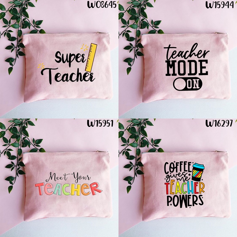 T IS FOR TEACHER Canvas Zipper Pouch SUPER TEACHER Makeup Bag Toiletry ...