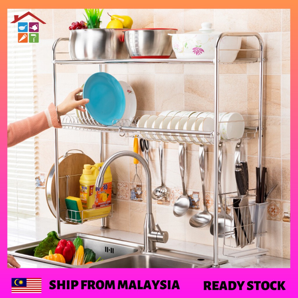 New simple stainless steel double-layer kitchen dish rack 90cm