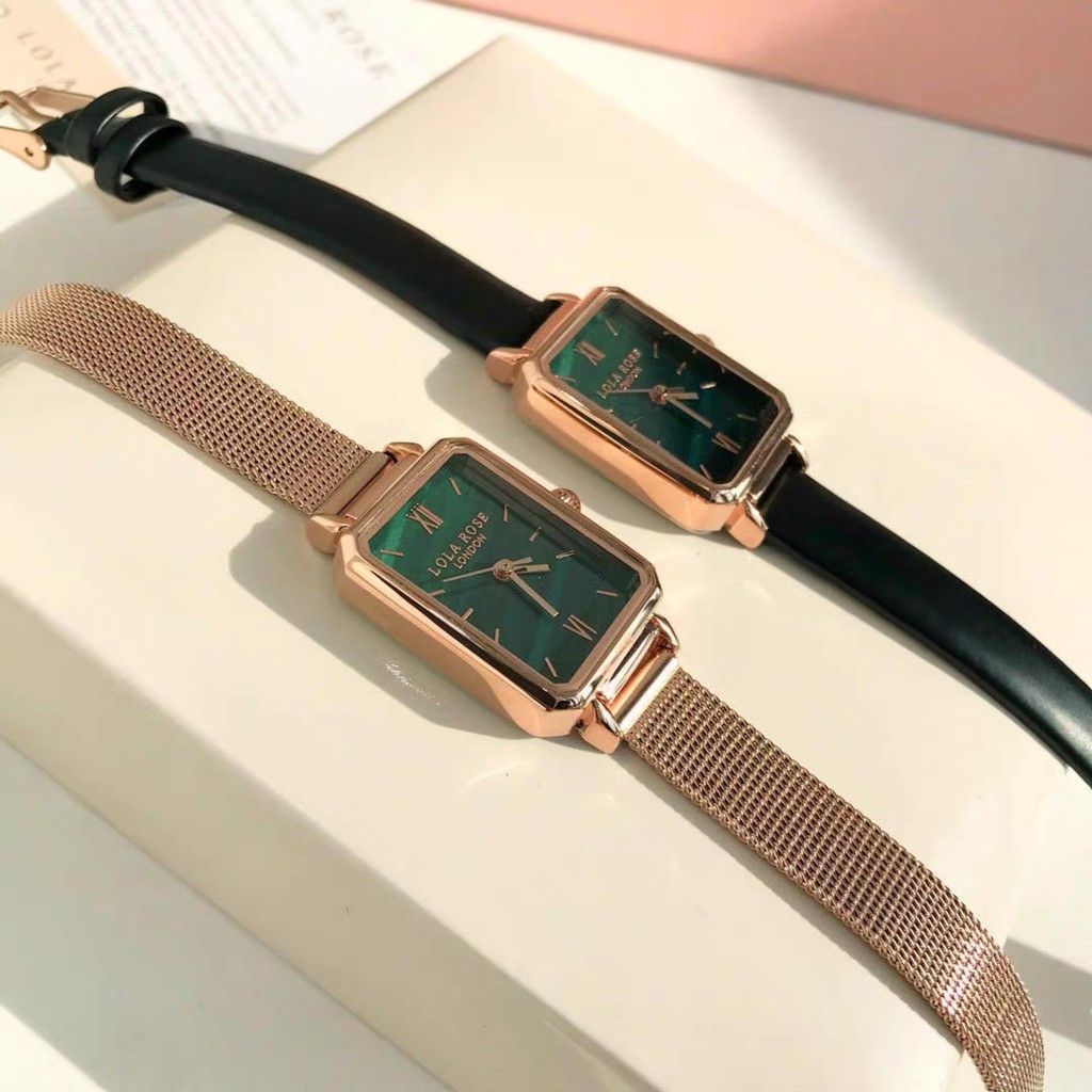 London Lola Rose Women Green Rectangle Leather Quartz Watches