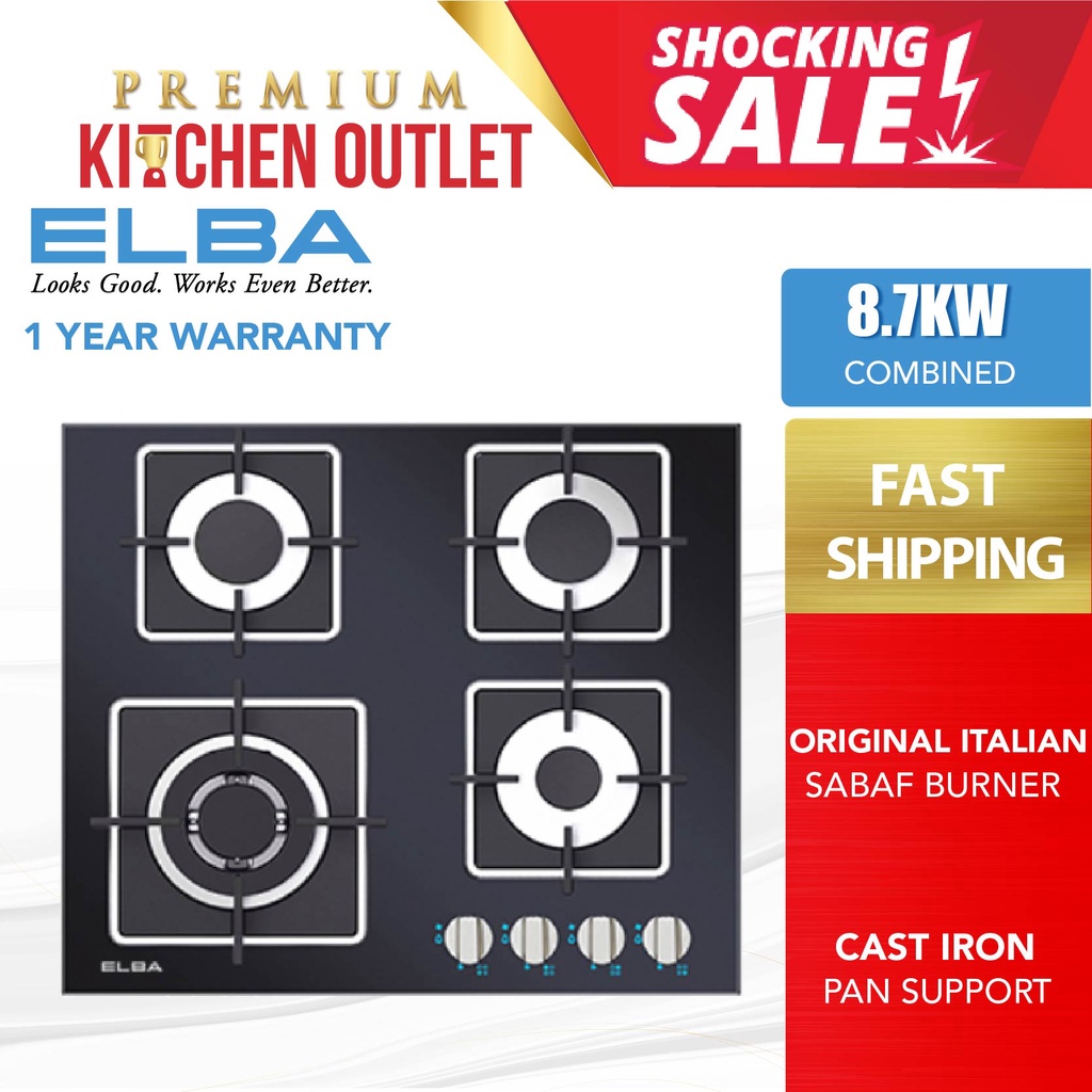 Elba 4 Sabaf Burner Glass Hob Built In Safety Valve EGHG6404G(BK