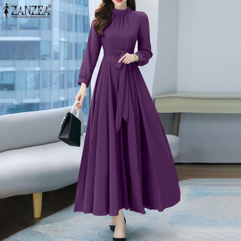 knee length dresses for ladies Vestidos ZANZEA Women Retro Long Dress Elegant Ladies Long Sleeve Deep