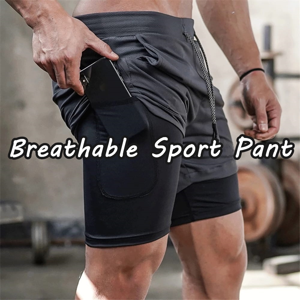 HAPPYPAL Men Double Layer Running Shorts Quick Dry Gym Fitness Jogging