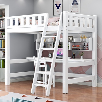 White Loft Bed Study Table Full Set Space Saving Child Double Decker ...