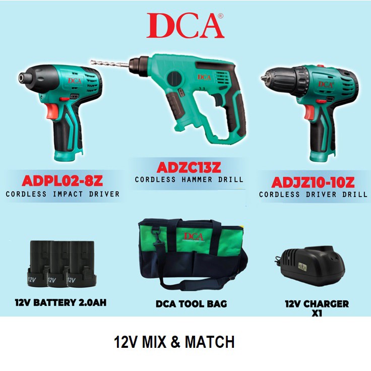 DCA 12V CORDLESS TOOL MIX AND MATCH - DRILL / IMPACT DRIVER / SABRE SAW /  ROTARY HAMMER / BATTERY / CHARGER