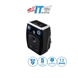 Masterplug High Gloss 2 USB Surge Adaptor - Black (3.1A) SRGAUSBPB3-MPA