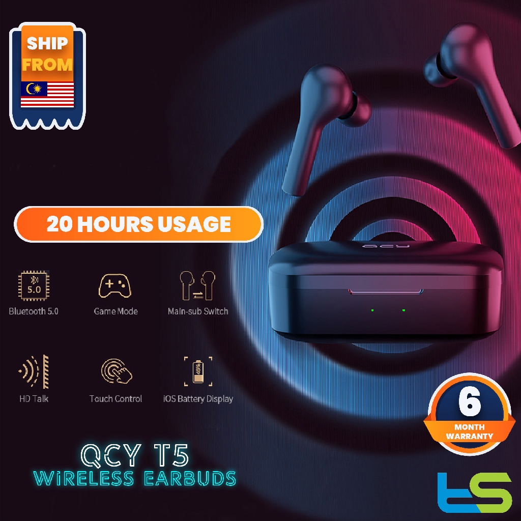 QCY T5 TWS Bluetooth 5.0 Earphones with Mic Binaural In ear Low latency 65ms Game Mode Touch Control 4.3g