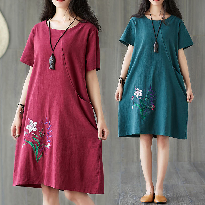 Summer Women Loose Cotton Linen Dress Short Sleeve Plus Size Dress