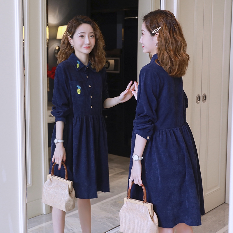 Korean Fashion Pregnant Dresses Long Sleeve Embroidery Maternity Dress