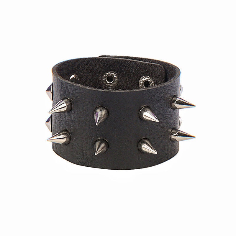 Punk Rock Wide Rivet Studs Spikes Bracelet - Men's Faux Leather Bangle Cuff Wristband, No Stone