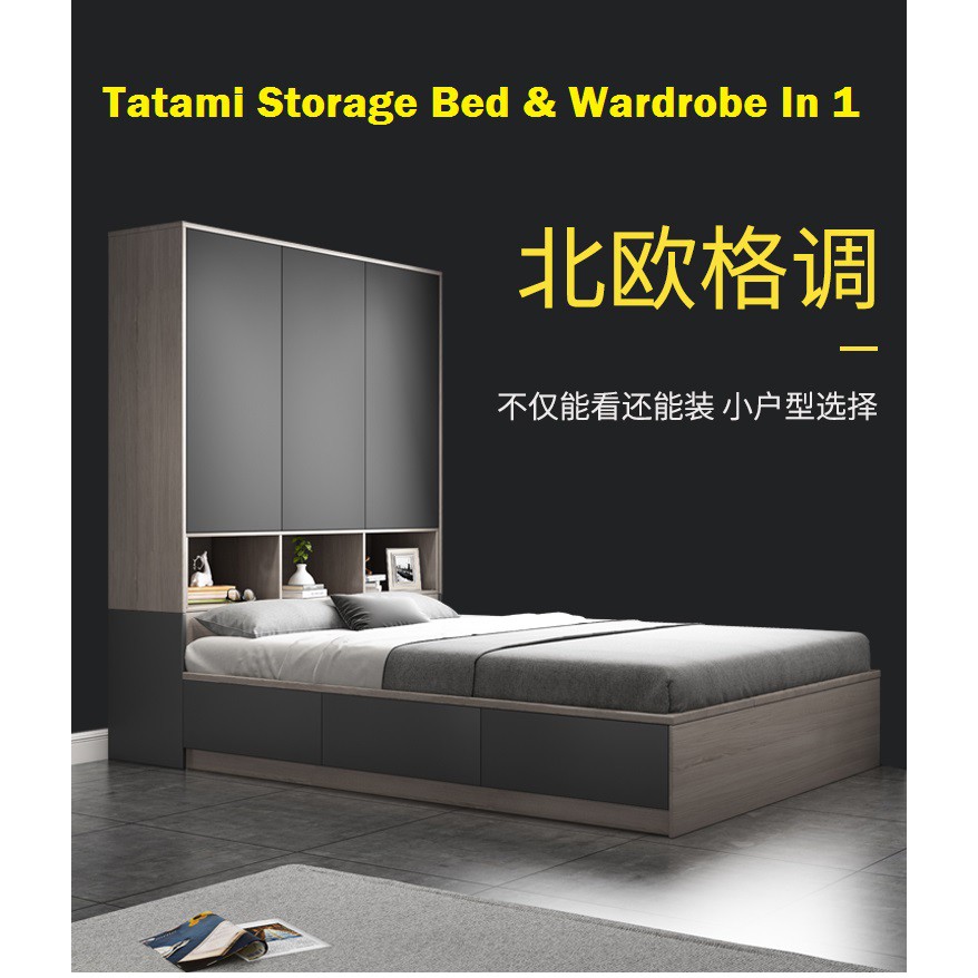 Wardrobe Tatami Bed Frame With Storage Space Combination Saving Large ...