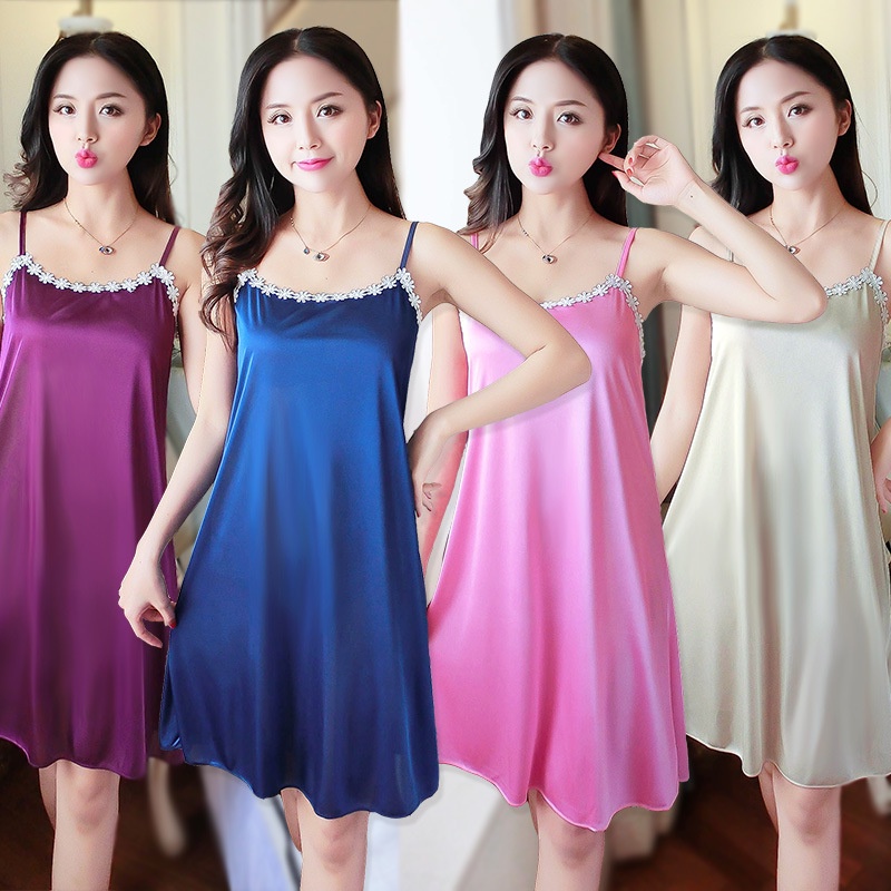 Satin Ice Silk Lingerie Nightdress With 10 Colour 韩版性感薄款吊带睡裙仿冰丝aju