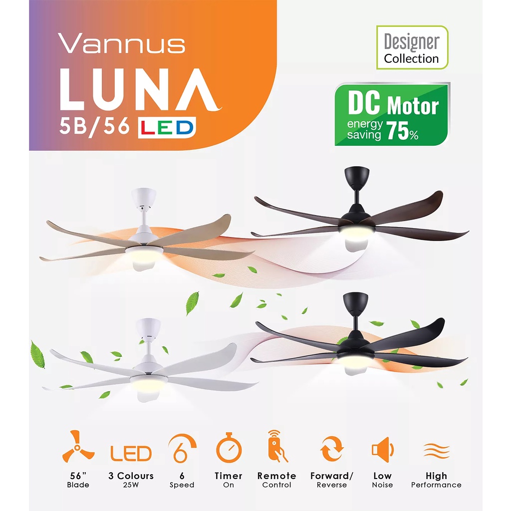ALPHA Vannus - LUNA LED 5B 56 Inch DC Motor Ceiling Fan with 5 Blades ...