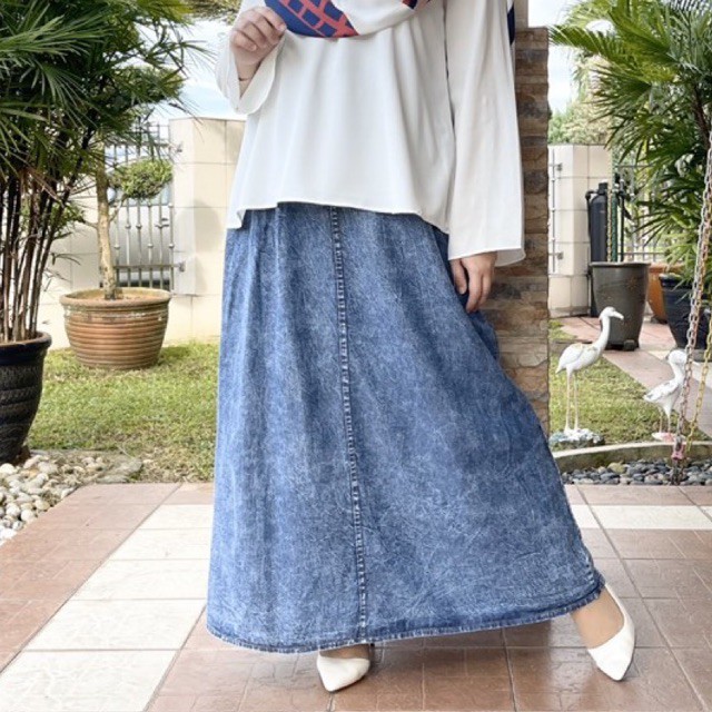 DENIM SKIRT MUSLIMAH SKIRT JEANS A CUT KAIN KEMBANG LABUH SKIRT