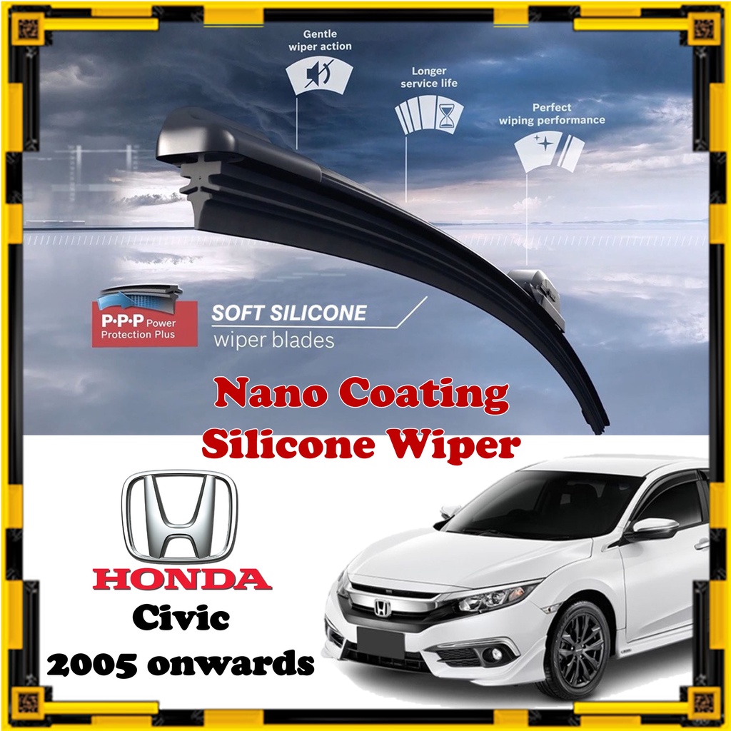 Honda Civic Nano Coating Soft Silicone Car Wiper Blades 1 Pair Pengelap 2005 Onwards 0251