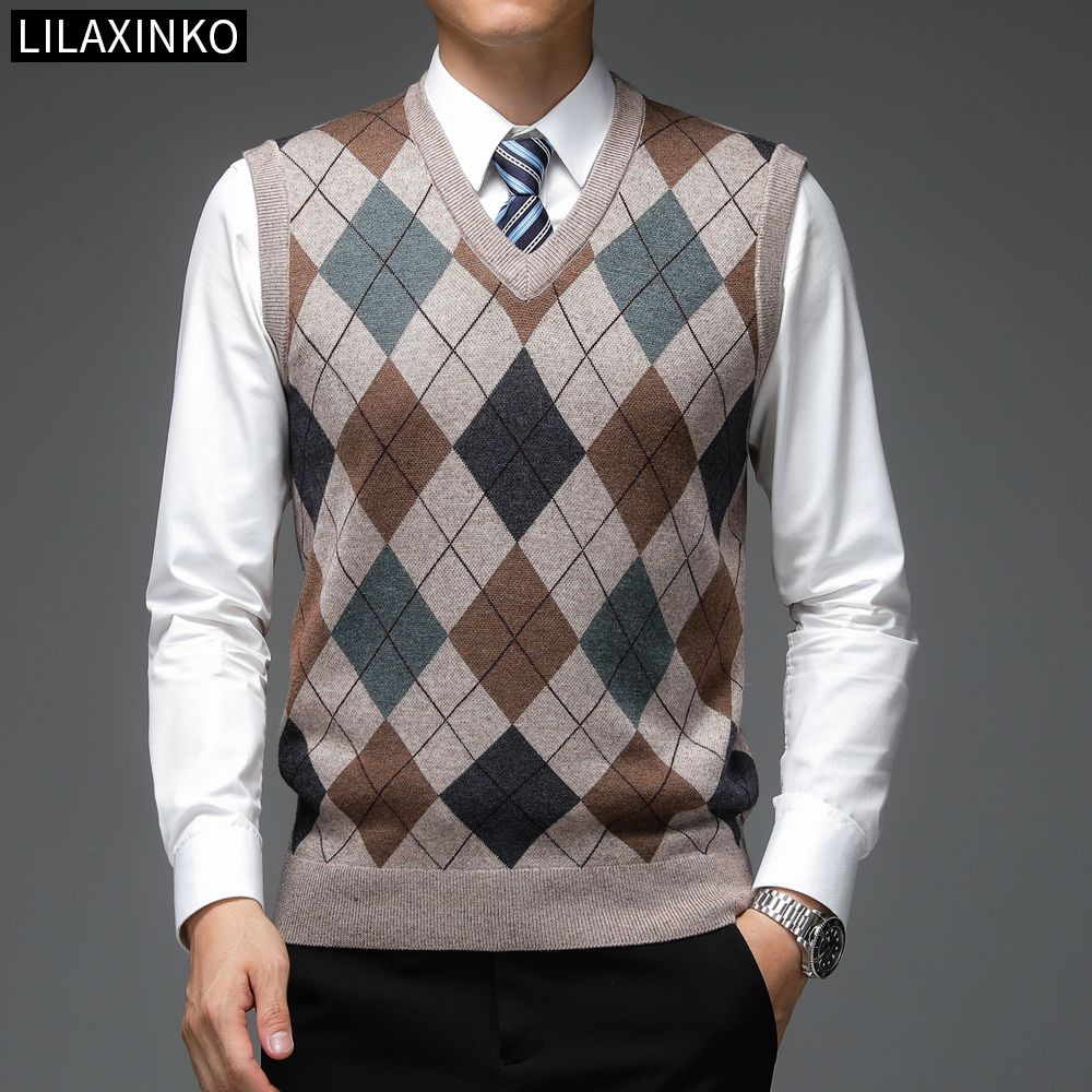 5 Color Men Vest Sleeveless Wool Sweater V Neck Checkered Plaid Striped ...