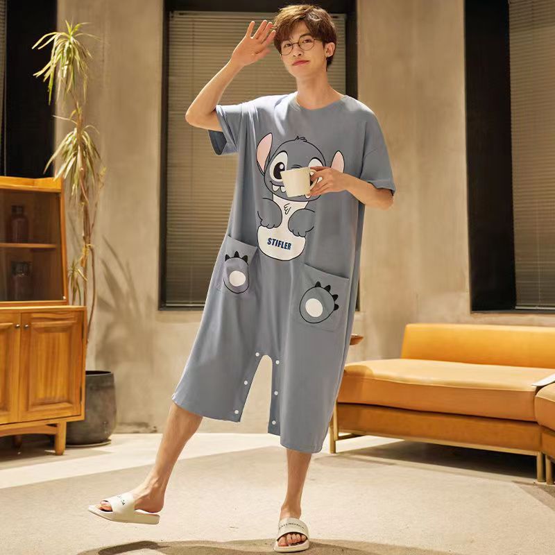 100% Pure Cotton One-Piece Pajamas Men's Thin Style Summer Cartoon Male ...