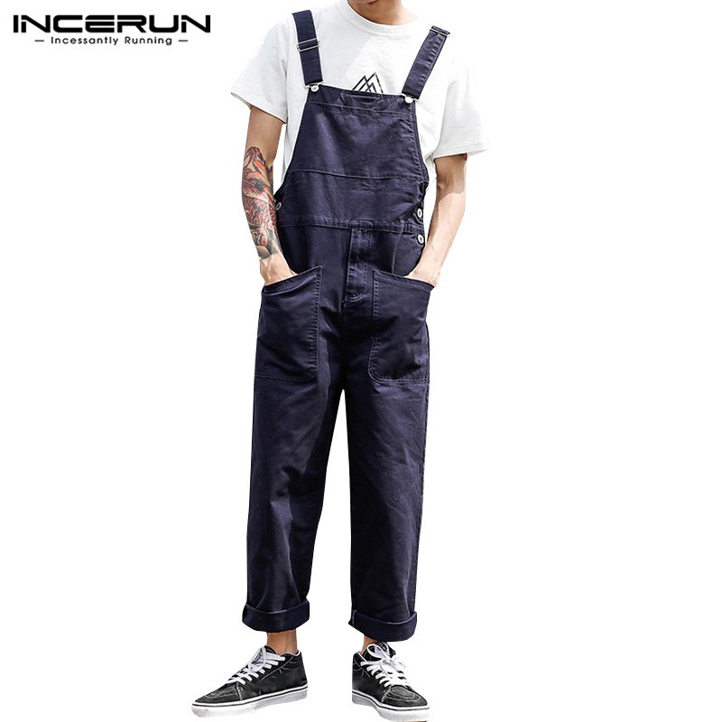 INCERUN Mens Casual Solid Vintage Dungaree Baggy Cargo Jumpsuit ...