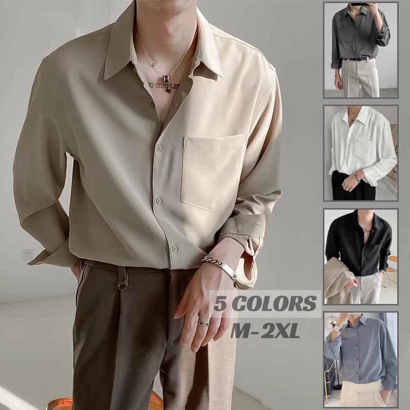 Summer Tops Korean Style Long Sleeve Abstinence Oversized Shirts For Men Loose Light Senior Business Casual Khaki Polo Plain Basic Pocket Shirt Simple Handsome Boyfriend Mens Polos Shopee Malaysia