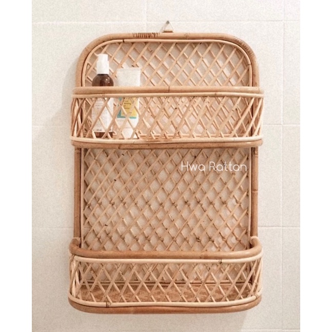 Bathroom wall shelf two tier double decker rattan organiser storage ...