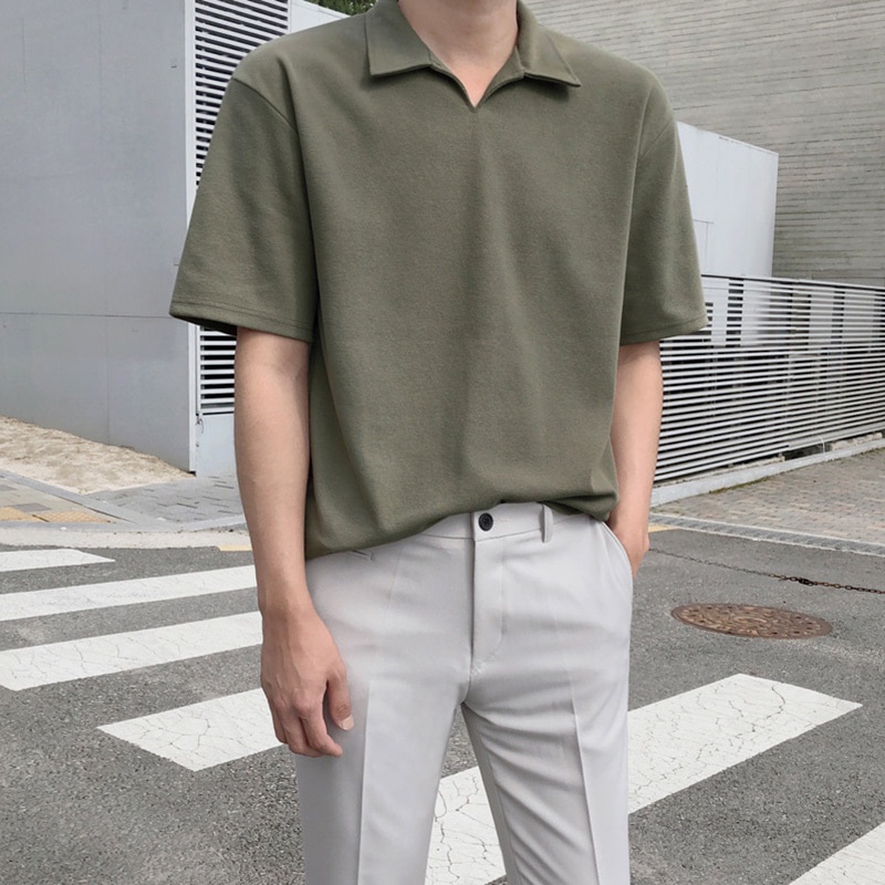 Lapel Korean T Shirt Men Fashion Mature Style Short Sleeve Casual