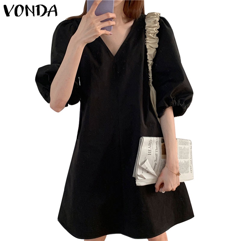 Vonda Women Korean Summer Casual Half Sleeve V Neck Plain Holiday