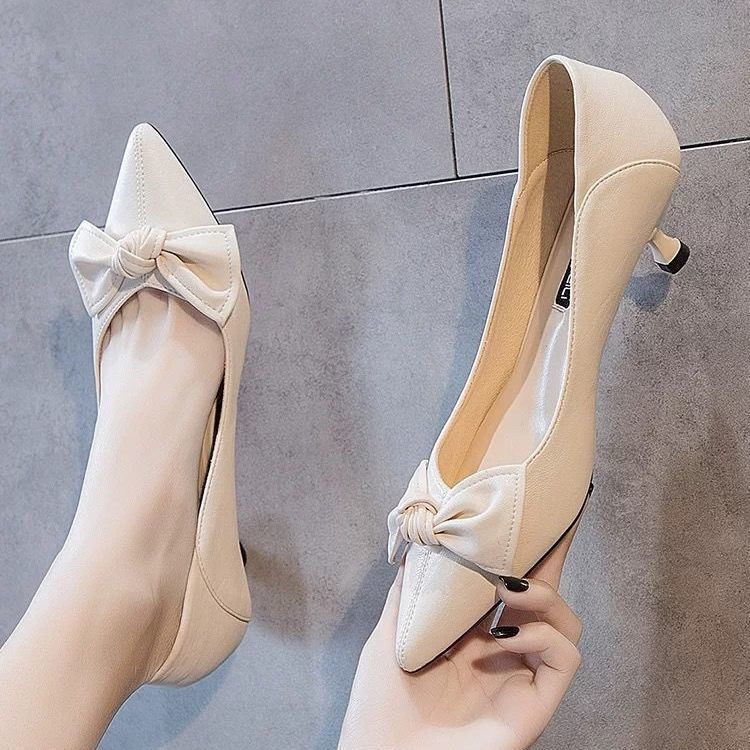 Apricot 3 cm stilettos low heels 2021 new bow knot pointed single