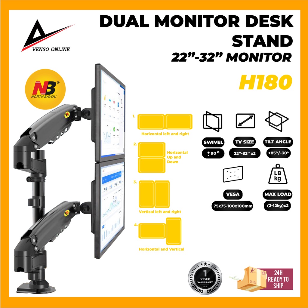 NB North Bayou H180 22 32 Inch Gas Strut Dual TV Monitor Bracket Desk