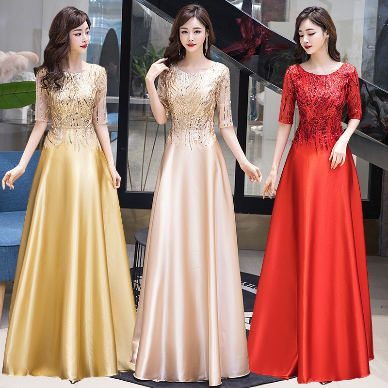 Gold Evening Dress Mid Sleeve Round Neck Women Slim A line Dresses