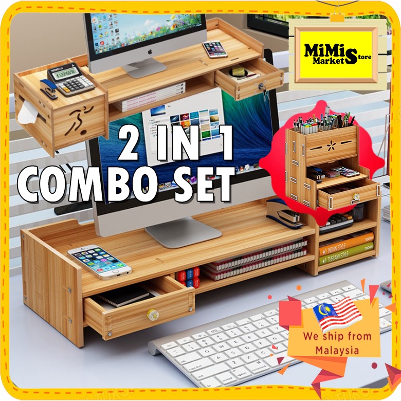 2 in 1 Combo Set Computer Shelf & Pen Holder Wooden Storage Box DIY ...