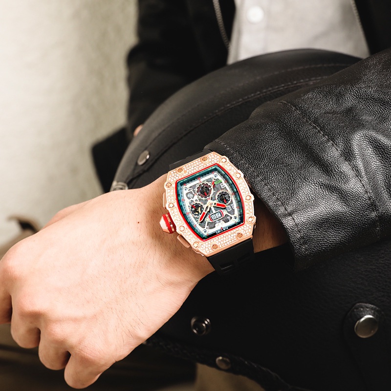 Watch men's wine bucket Square Watch multi-functional Miller quartz non ...