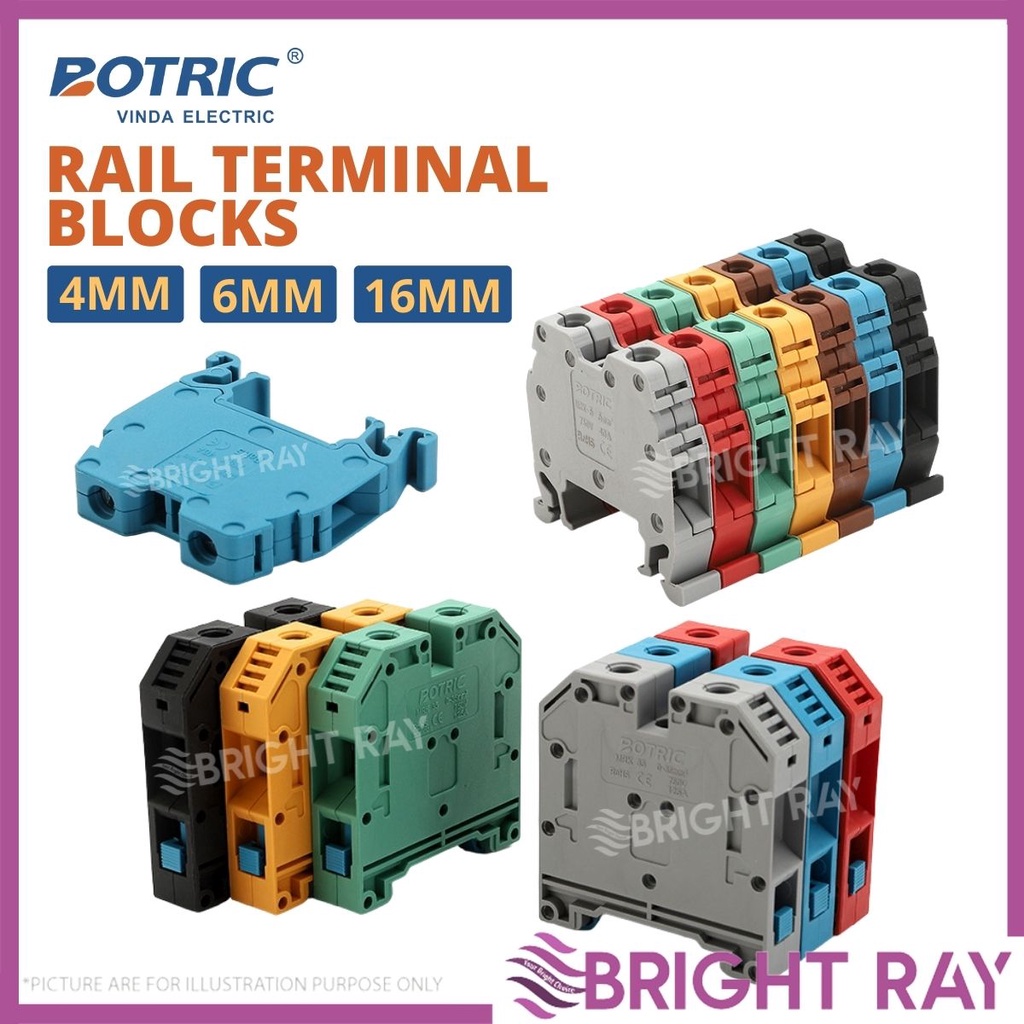 BOTRIC 4mm / 6mm / 16mm DIN Rail Terminal Block Screw Type Universal
