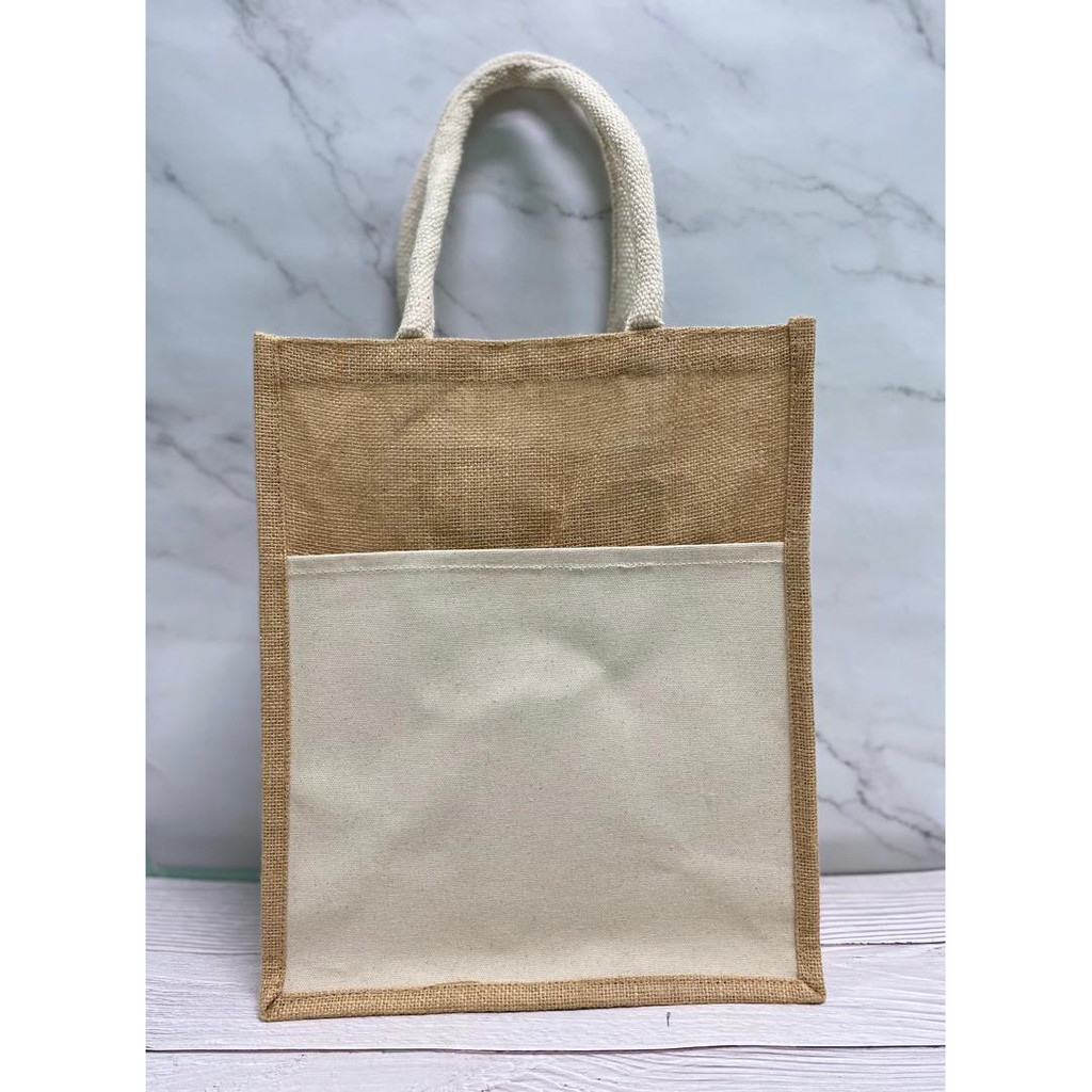 Jute Bag Medium A4 with Laminated Canvas Pocket Beg Jute Poket Kosong