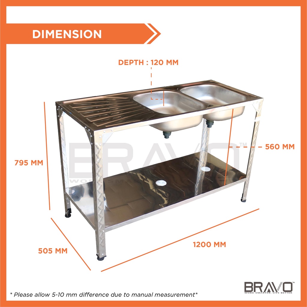 BRAVO Kitchen Sink Sinki Dapur Stainless Steel Kitchen Table with Rack ...