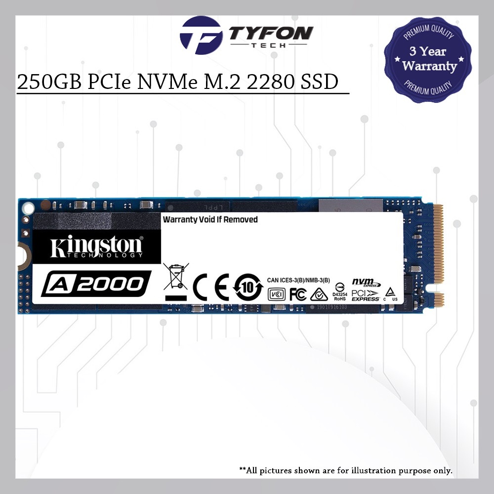Kingston A2000 250GB PCIe NVMe M.2 2280 Gen 3x4 Solid State Drive SSD ...