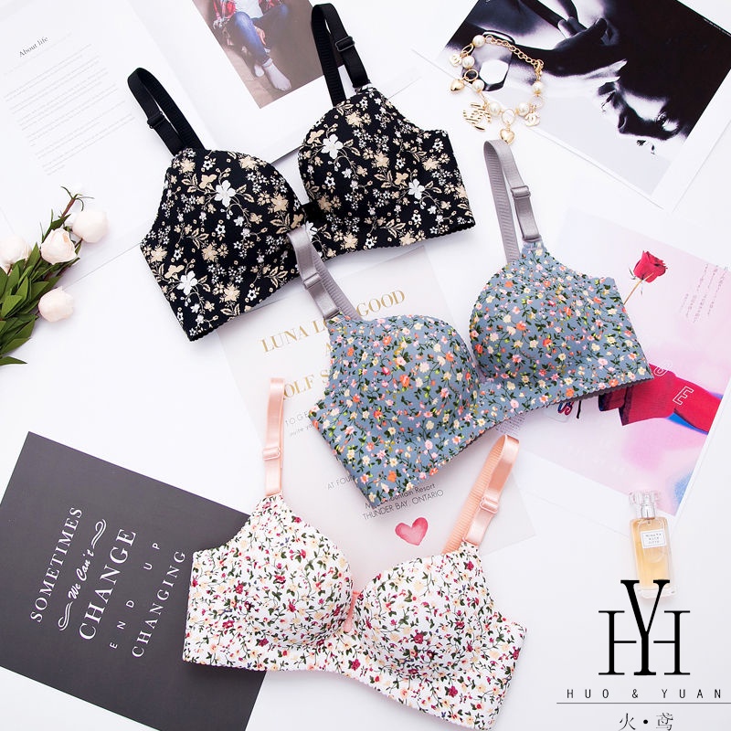 HuoYuan【Ready Stock】Women Bra Sexy Push Up Bras Female Lingerie Wireless  Seamless Underwear A/B Cup Flower Color Strap Removable