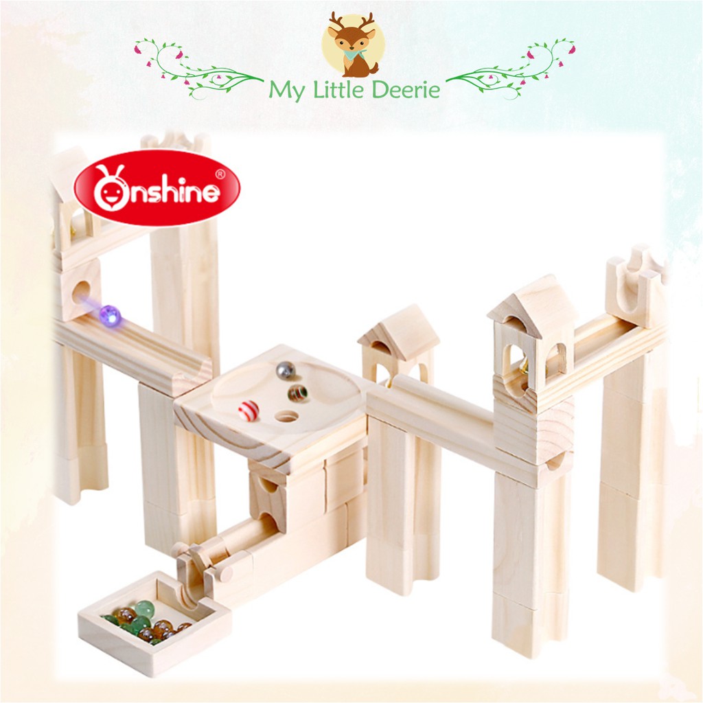 ONSHINE 60 Pieces Wooden Marble Run Track Building Blocks Tower