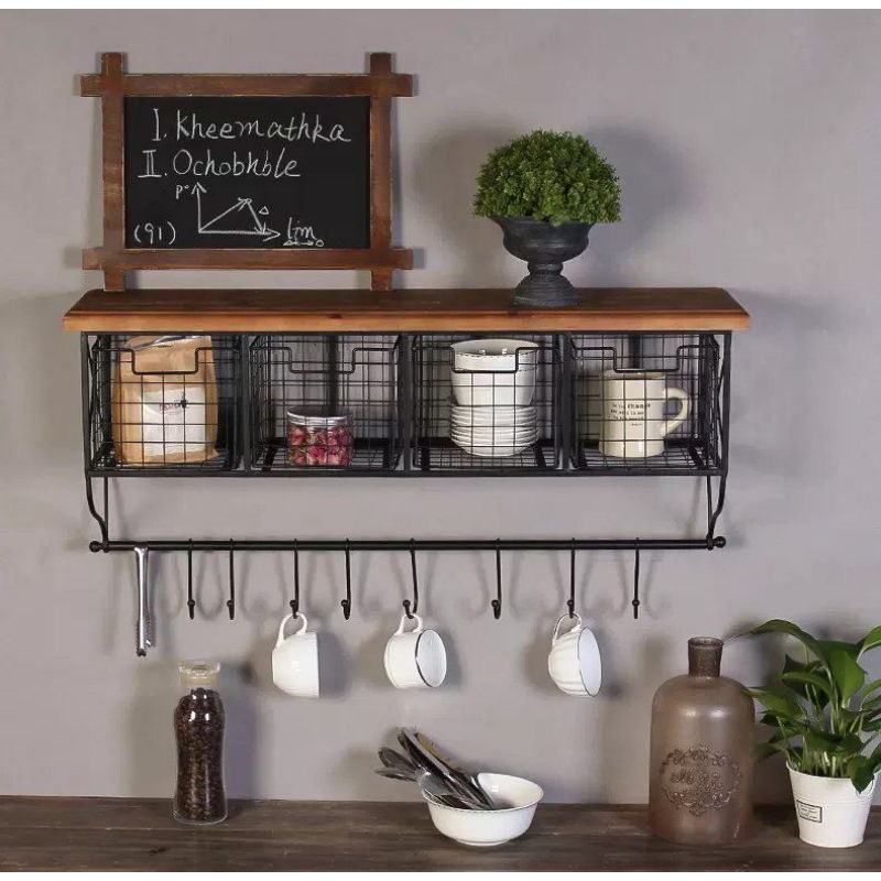 🇲🇾 Farmhouse Wire Mesh Cubbies Rack Mounted Wall Shelf Coffee Station ...
