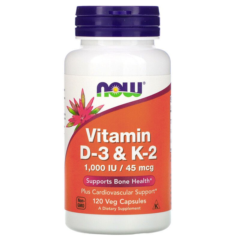Now Foods Vitamin D3 &amp; K2 45mcg 1000IU 120 Veg Capsules – Bone Cardiovascular Vitamins Immunity Metabolism