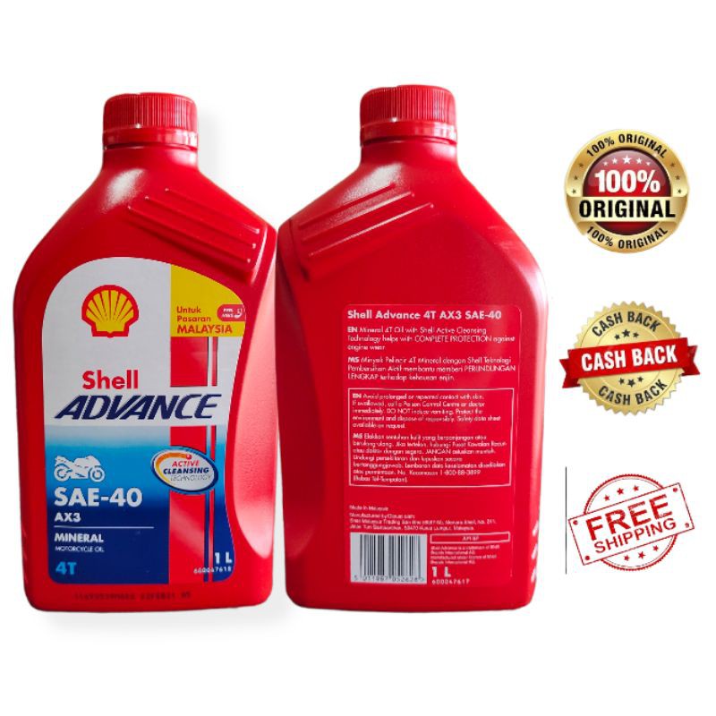 100% ORIGINAL SHELL 4T SHELL AX3 SAE-40 1liter MINYAK HITAM ENGINE OIL ...