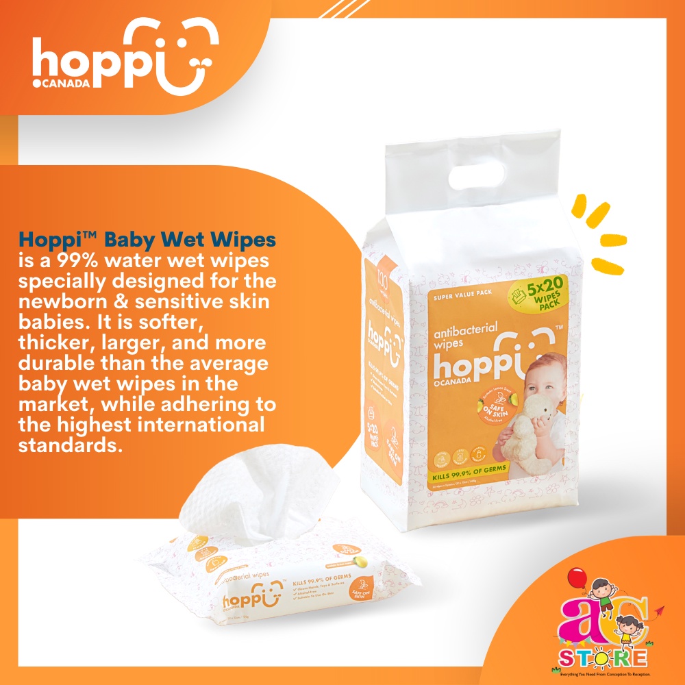 AC (20's x 5 Packs ) Hoppi Antibacterial Baby Wipes / Kill Surface
