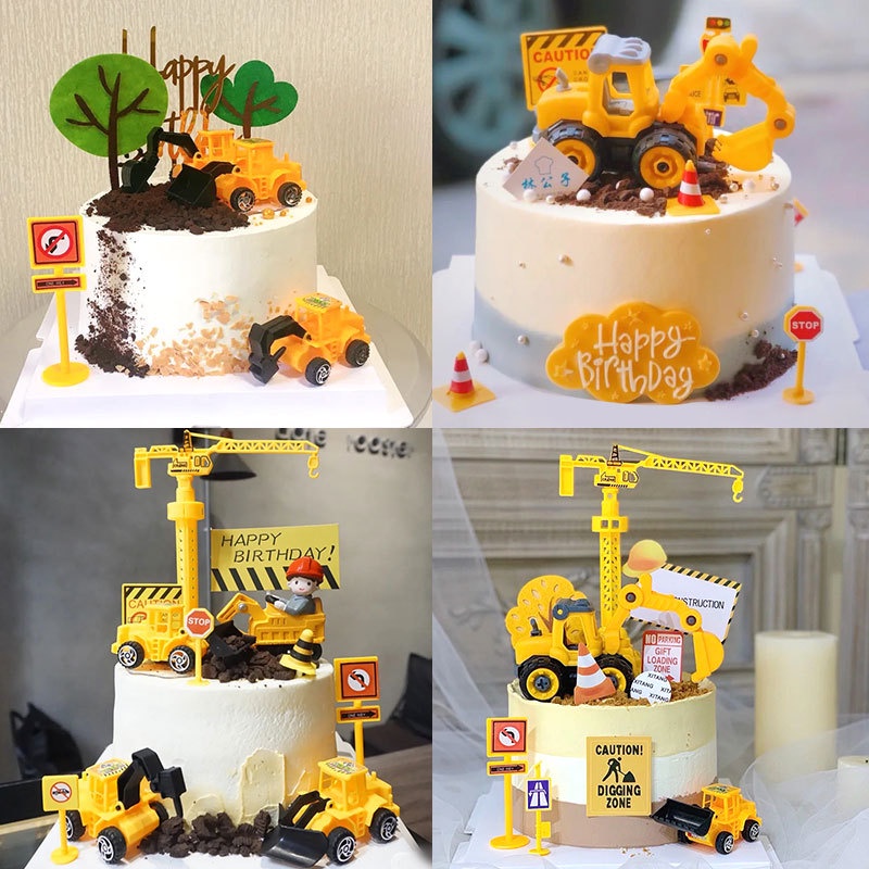 Construction Vehicle Theme Cake Topper Crane Signpost Happy Birthday ...