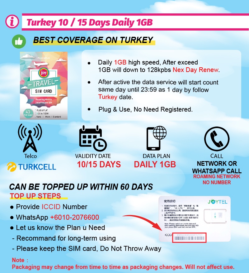 Jtravel 【Turkey】【10 / 15 Days】Turkey Travel Prepaid Sim Card Shopee