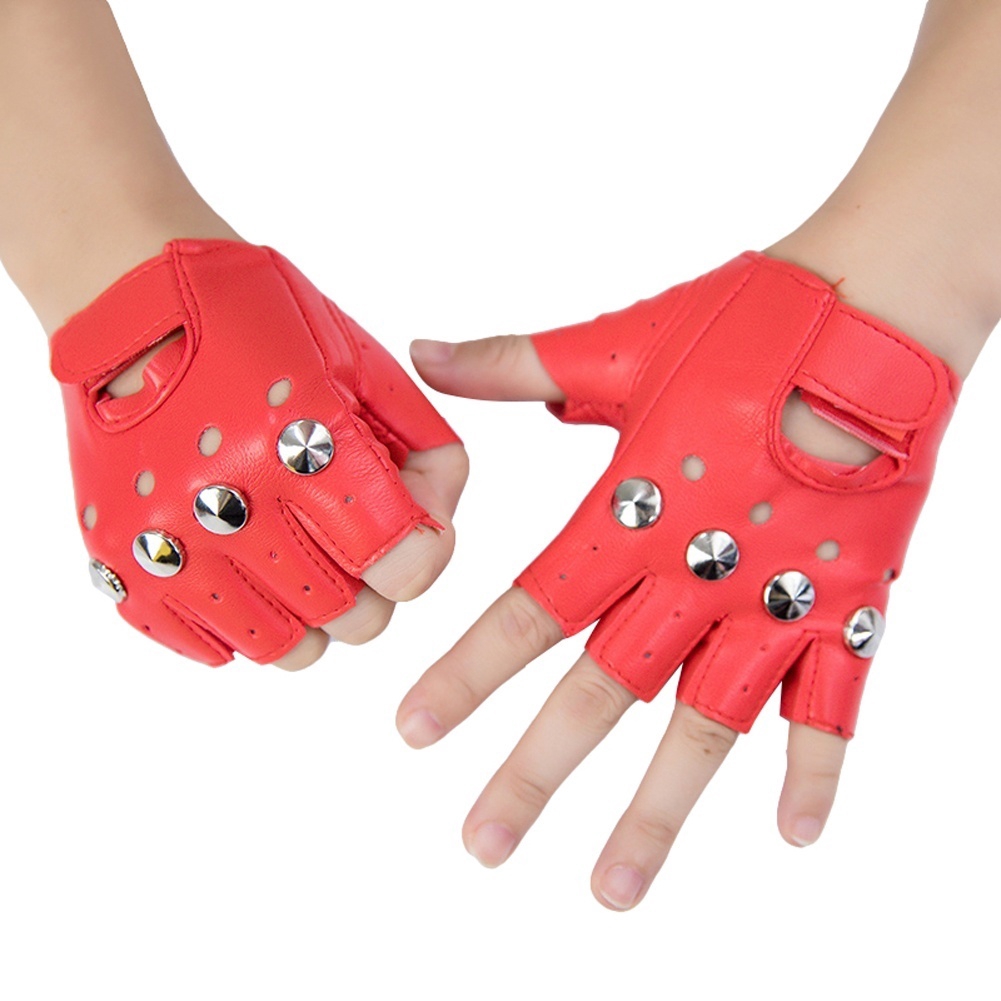 Kids Unisex PU Leather Dance Costume Gloves Punk Rock Half Finger Glove