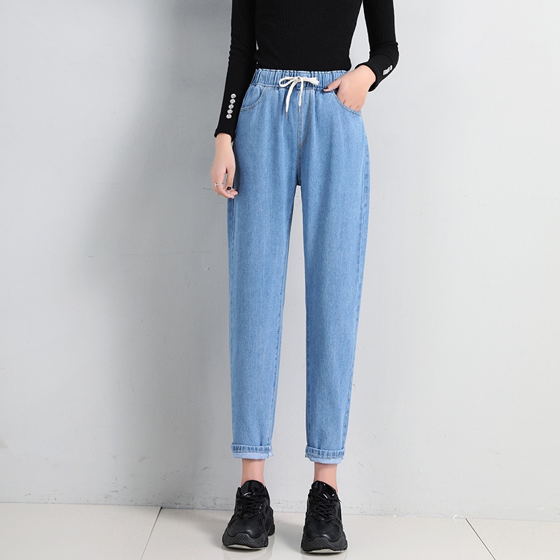 MIKAZE - YUMI Women Jeans Elastic Waist Harlem Pants Woman Casual Long ...